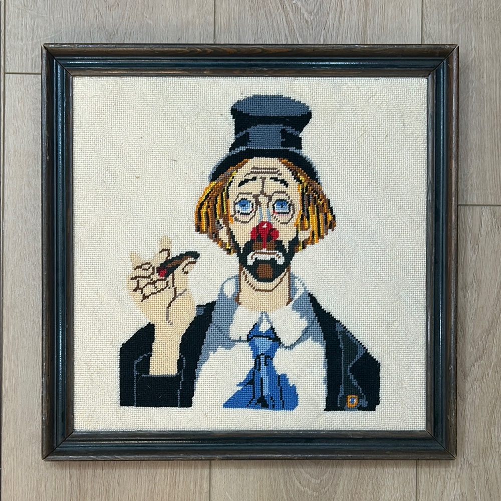 Vintage Sad Clown Needlepoint with wood frame